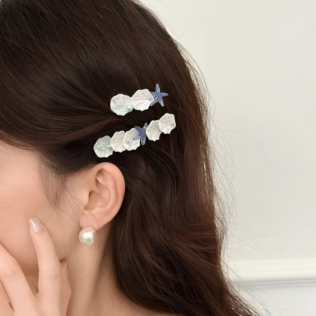 Mixed material starfish shell side bang clip barrettes for women in natural style with three colour options