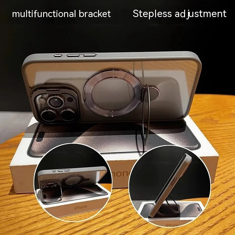 Magnetic silicone iPhone case with invisible bracket and lens cover in black, dark night purple, orange, or titanium grey.