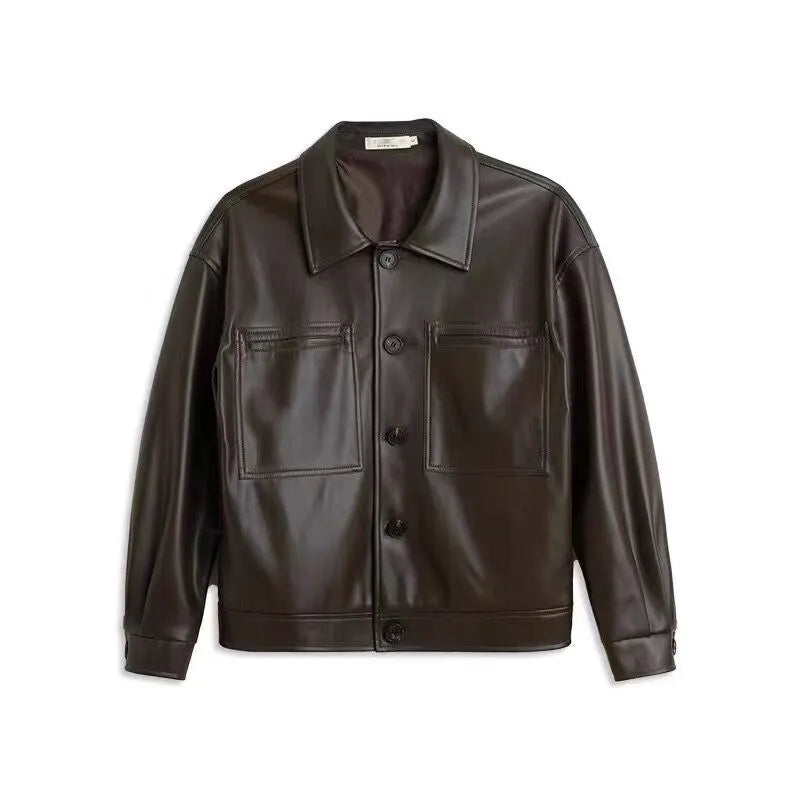 Men's short PU leather jacket with retro lapels, ruffle detailing, and side seam pockets in brown colour