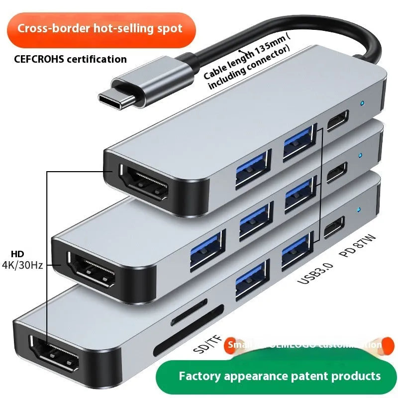 Portable six-in-one Type-C expansion dock for laptop and tablet connectivity