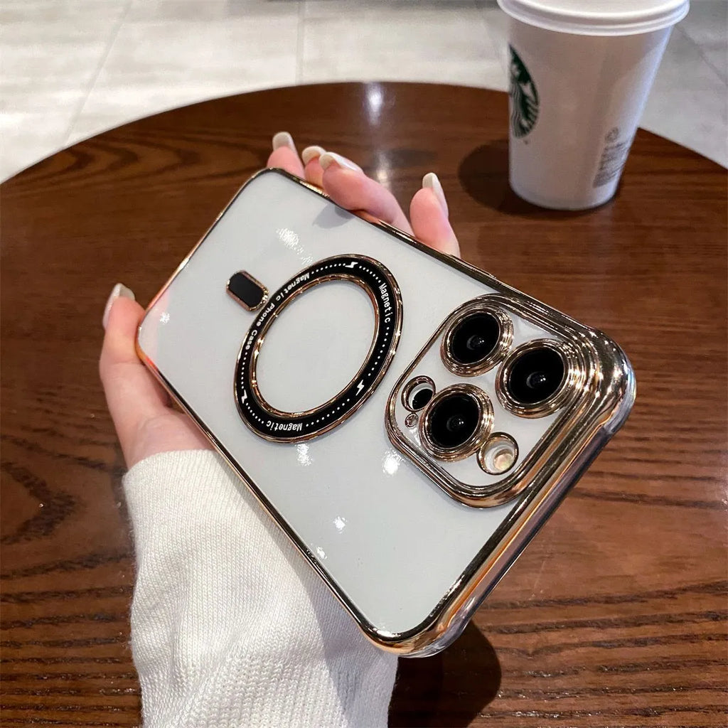 Transparent magnetic silicone iPhone case with electroplated finish and all-inclusive lens frame