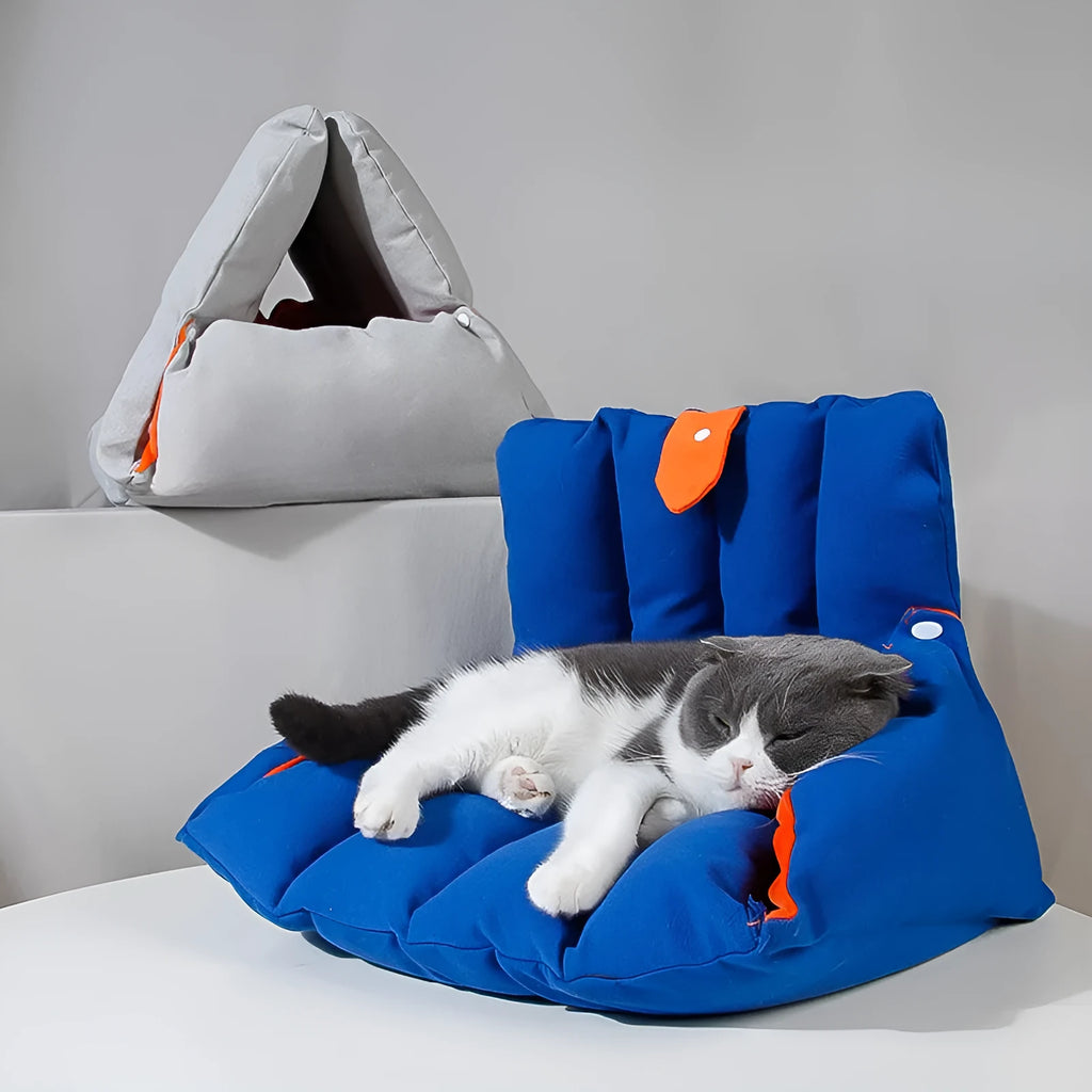 Blue triangular cotton cat bed with drilled holes for stacking, measuring 45x38x38cm