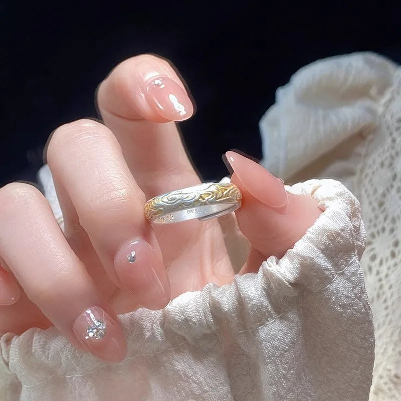Adjustable open mouth white copper ring with geometric Xiangyun pattern and silver-gold electroplating