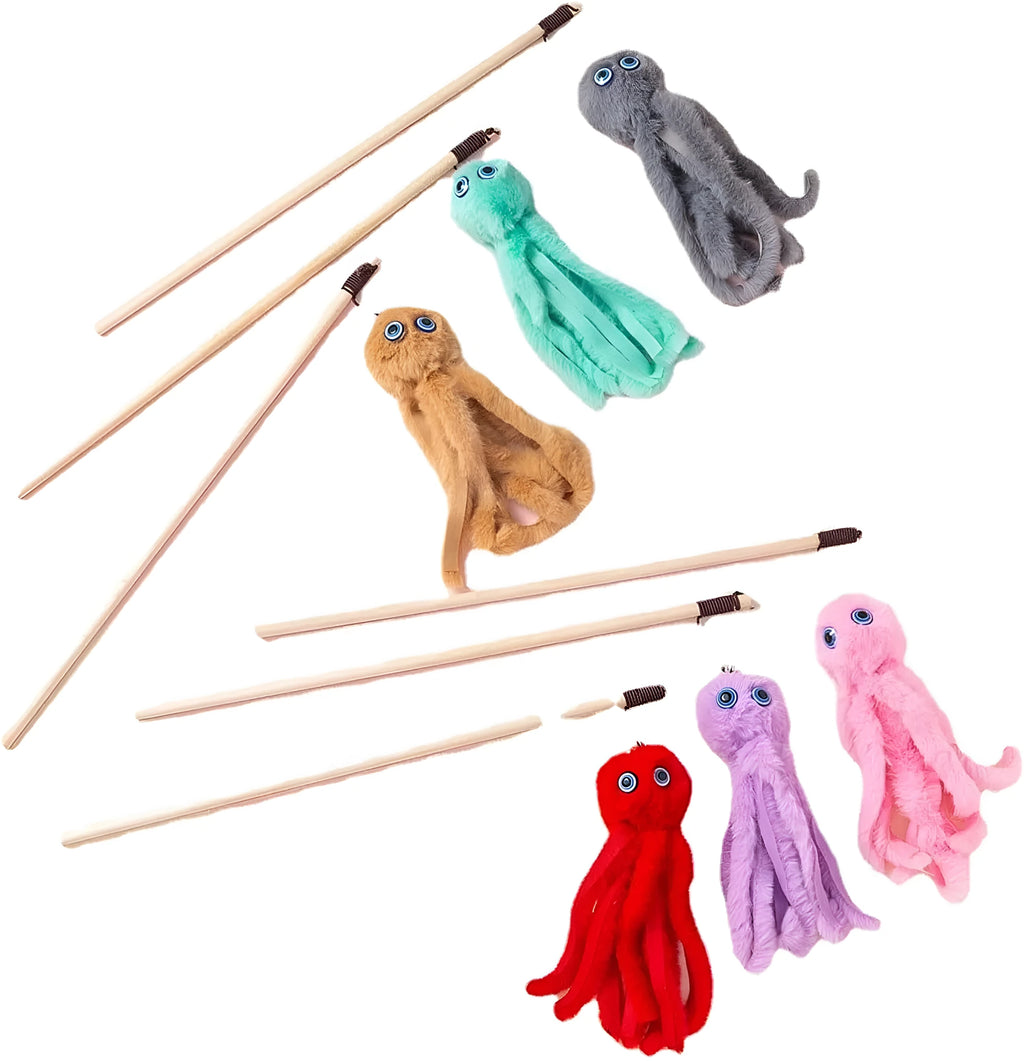 Octopus cat toy on 40cm stick in bright colours for indoor feline entertainment