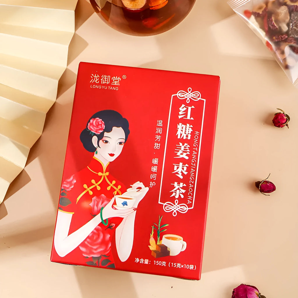 Box of Yuantang brown sugar ginger and jujube tea showing 150g herbal tea bags with natural ingredients