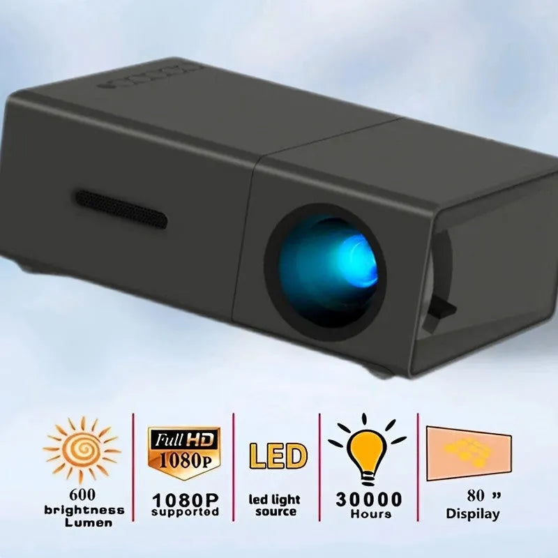 White and black portable M100 LED mini projector showing remote control and cables for 100-inch home projection.