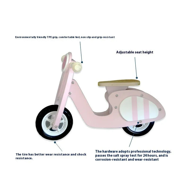 Pink wooden balance scooter for toddlers and children with 10-inch wheels.