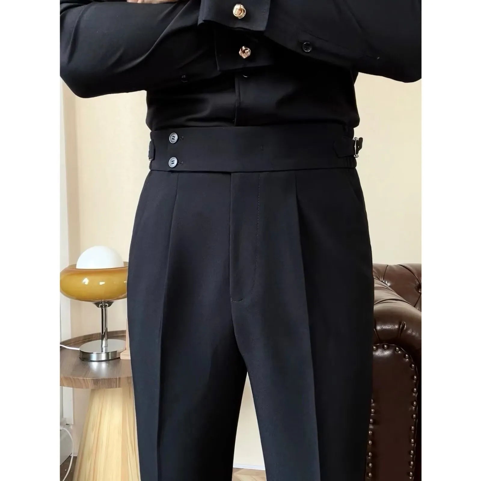 Men's high-waisted straight-leg trousers in black, white, and dark gray polyester blend fabric