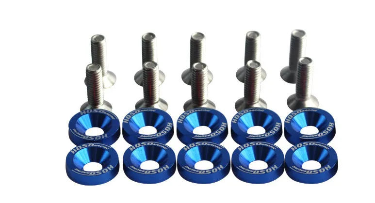Car modification gasket screw set showing 10 pieces in eight different colours including black, red, blue and silver