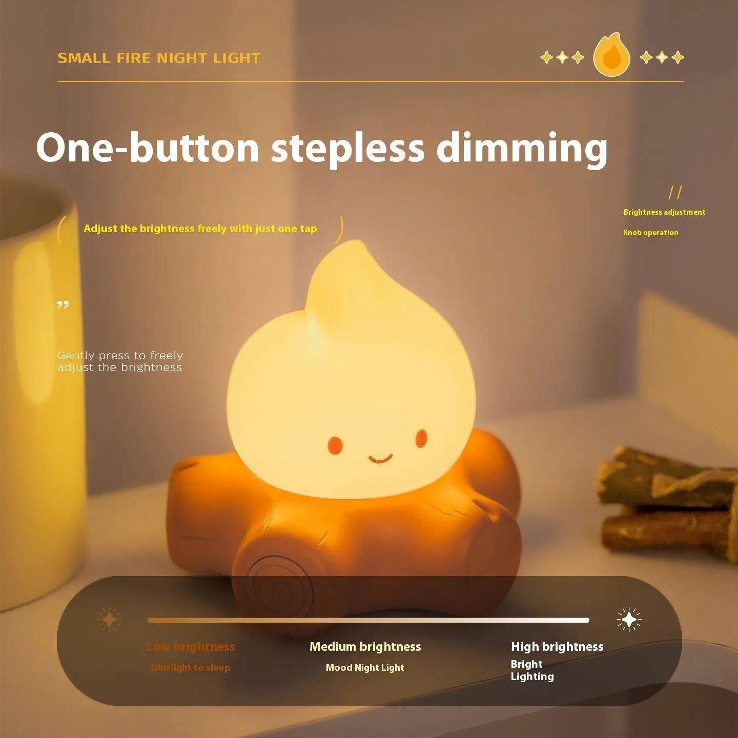 Silicone small fire pile cartoon night lamp with ABS shade on a surface.