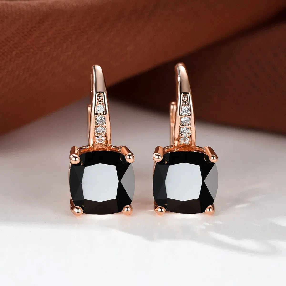 Square geometric ear hooks with round zircon inlays in gold, platinum, or rose gold finish