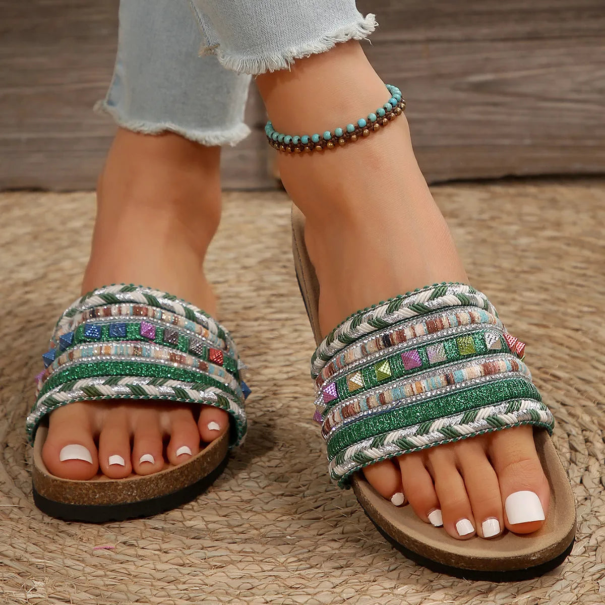 Ethnic style platform slippers with rivet detail, linen upper, PVC sole, round toe, sizes 36-43.