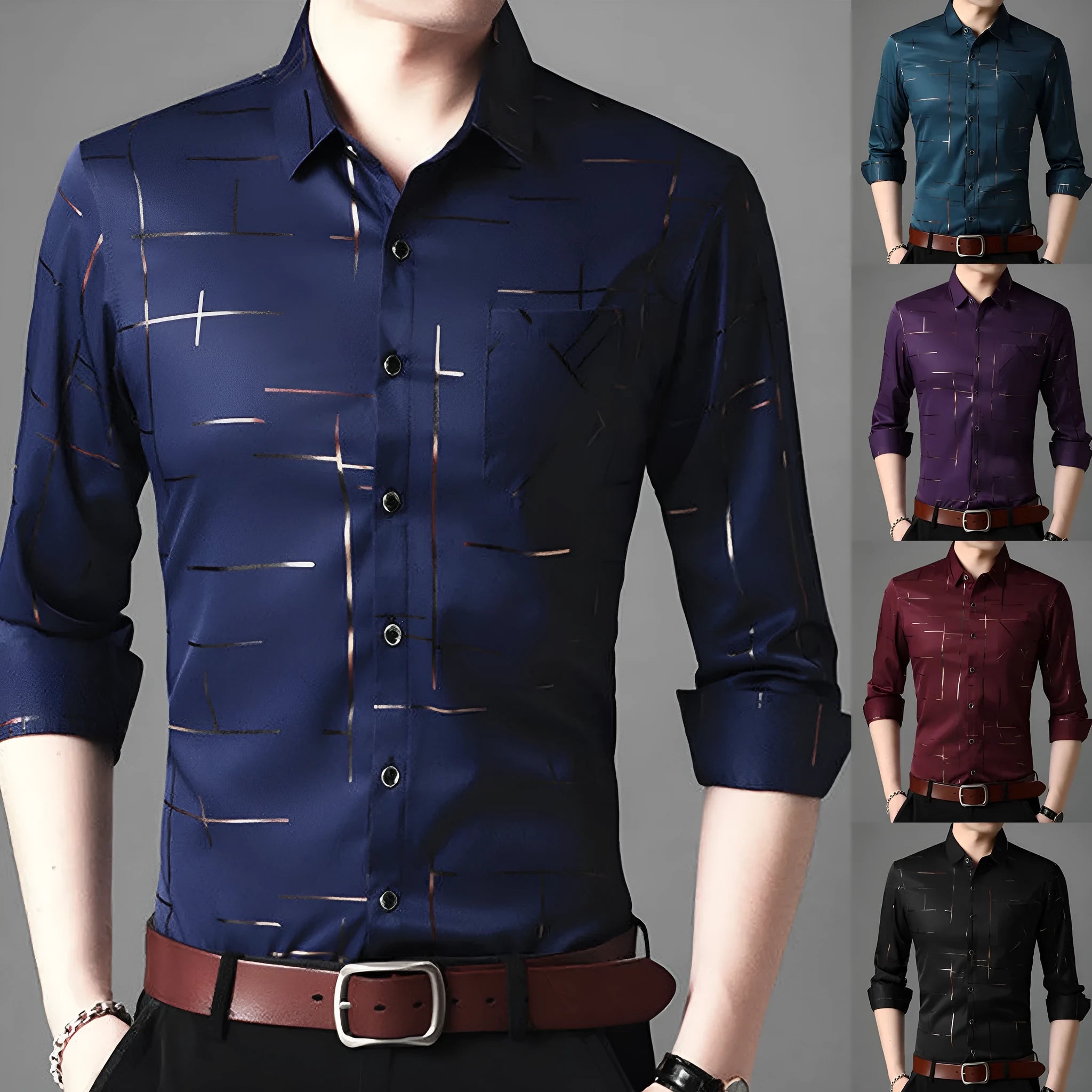 Slim fit men's shirt dress with gold stripe printing, long sleeves, and lapel collar in black