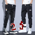 Two pairs of women's casual cotton jeans with mid waist and washed finish in grey and black