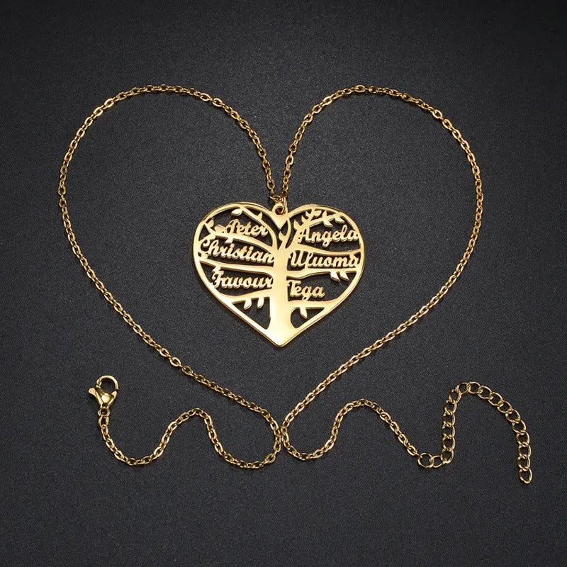 Custom stainless steel necklace with hollow heart tree pendant and engraved names in gold or silver finish