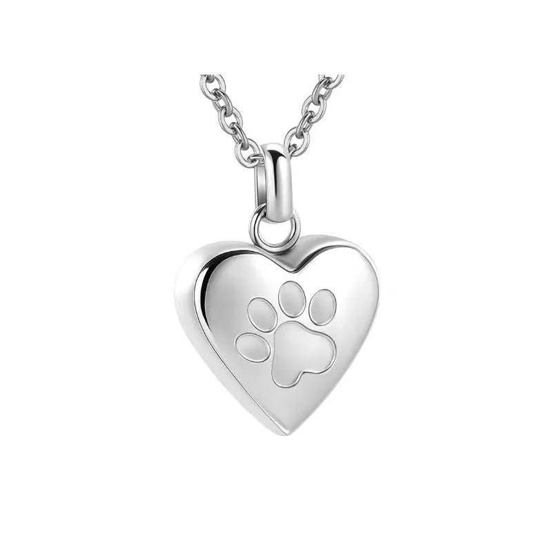 Titanium steel heart-shaped casket necklace with a love paw print, shown on a chain.