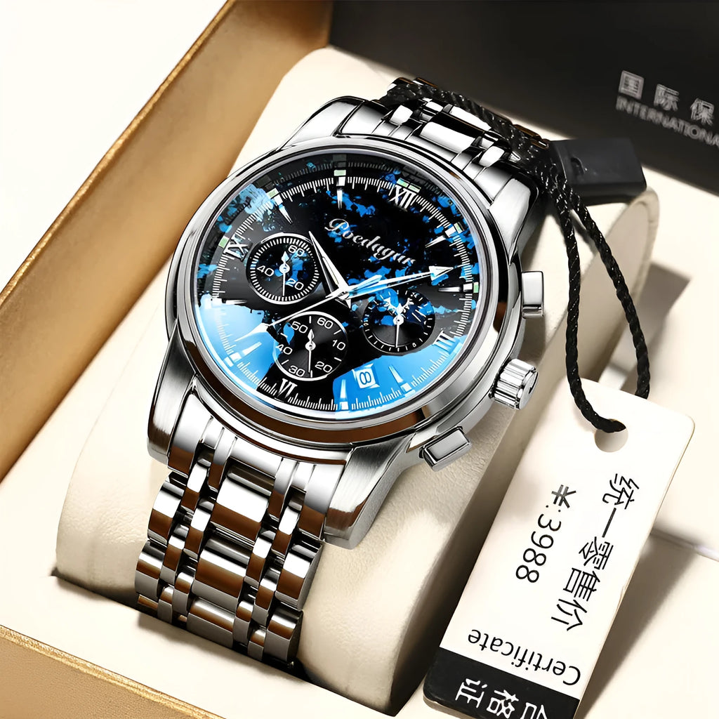 Men's waterproof luminous multifunctional watch with steel strap and black dial showing calendar