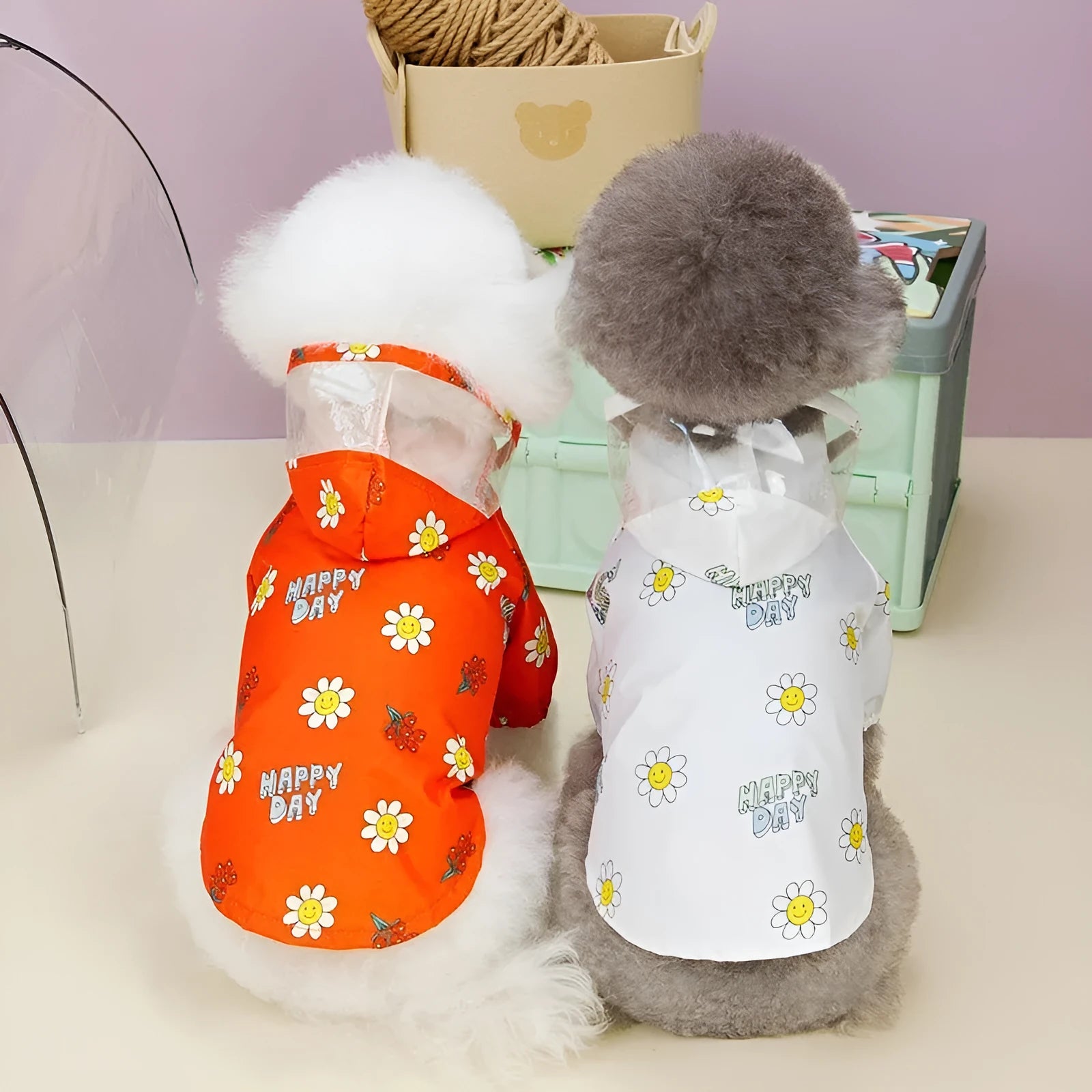 Transparent dog raincoat with pull ring traction in orange floral pattern