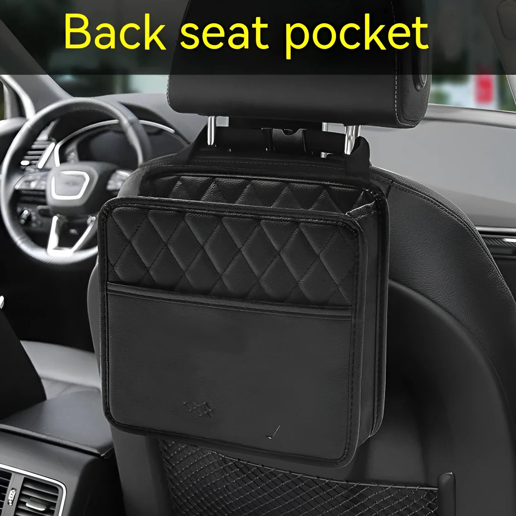 Leather car hanging storage bag and trash can in black colour, 25cm square with 8cm depth