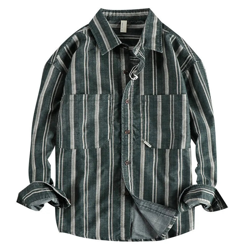 Men's vintage yarn-dyed striped casual shirt in Japanese retro style with loose fit