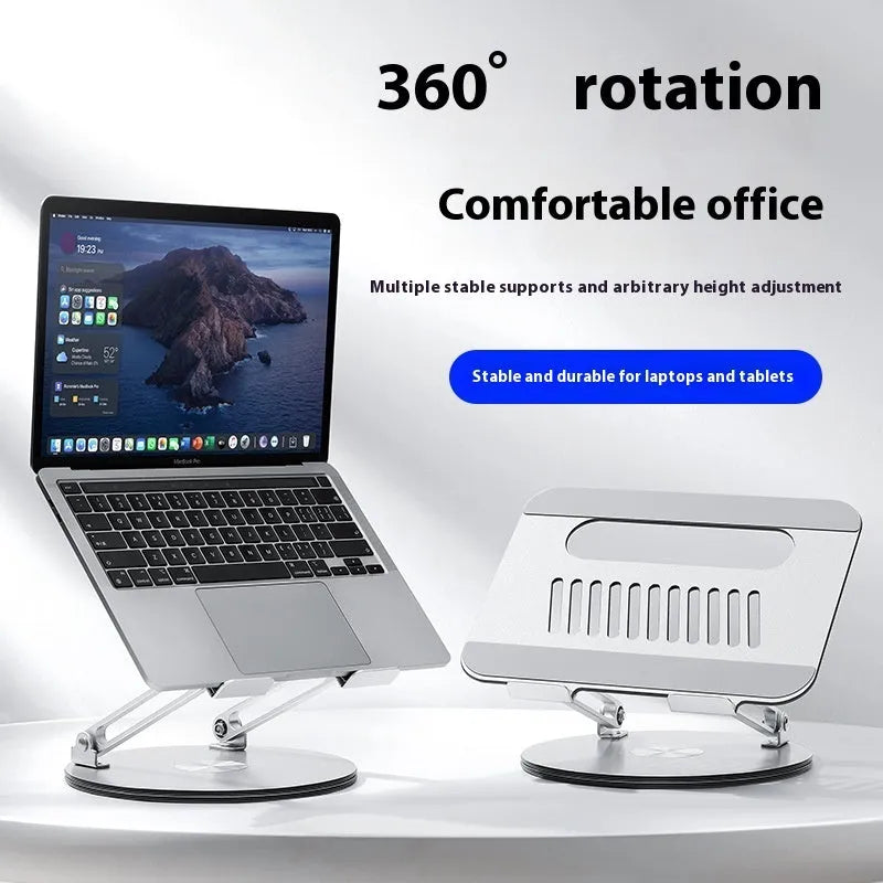 Silver aluminium laptop stand folded flat showing rotatable mechanism