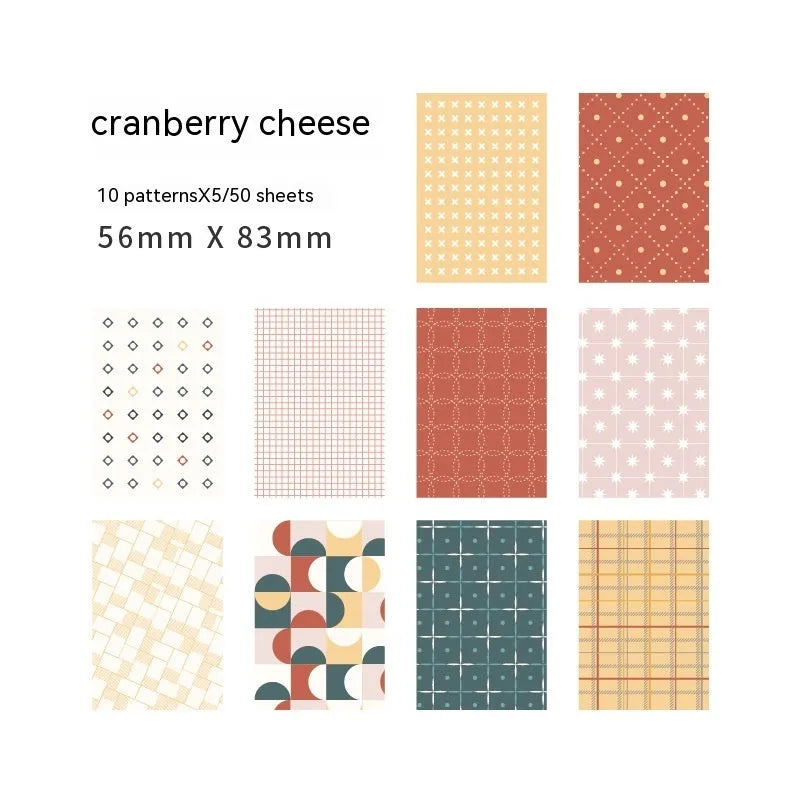 50-piece pack of retro collage dessert-themed note paper in ten colours, size 56mm by 83mm.