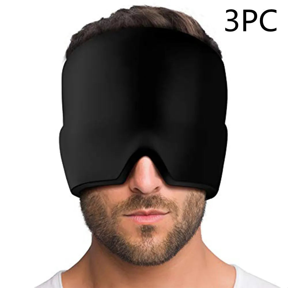 Black elastic cloth gel ice headache relief eye mask showing adjustable headband and cooling gel construction