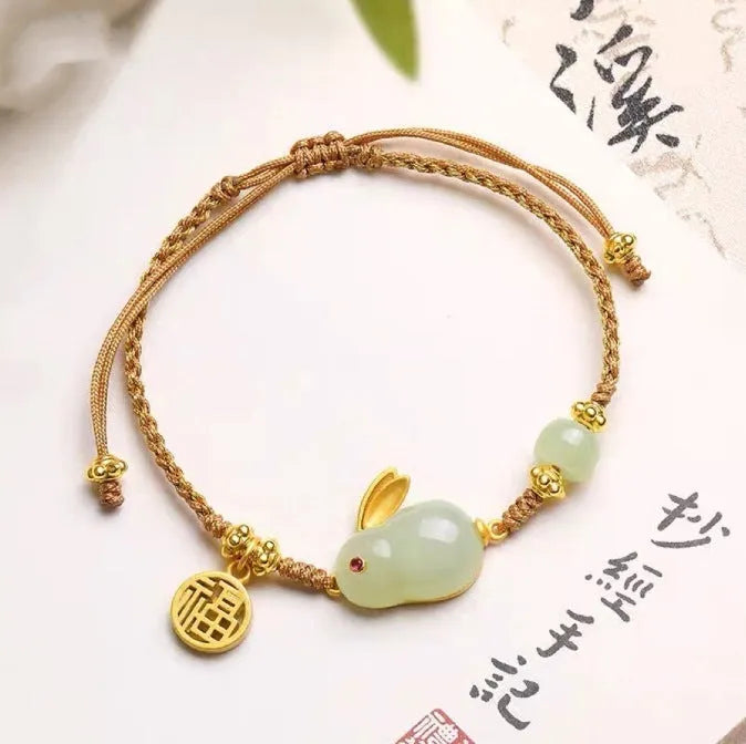 Hetian jade rabbit bracelet with yellow string and geometric charm jewellery for women