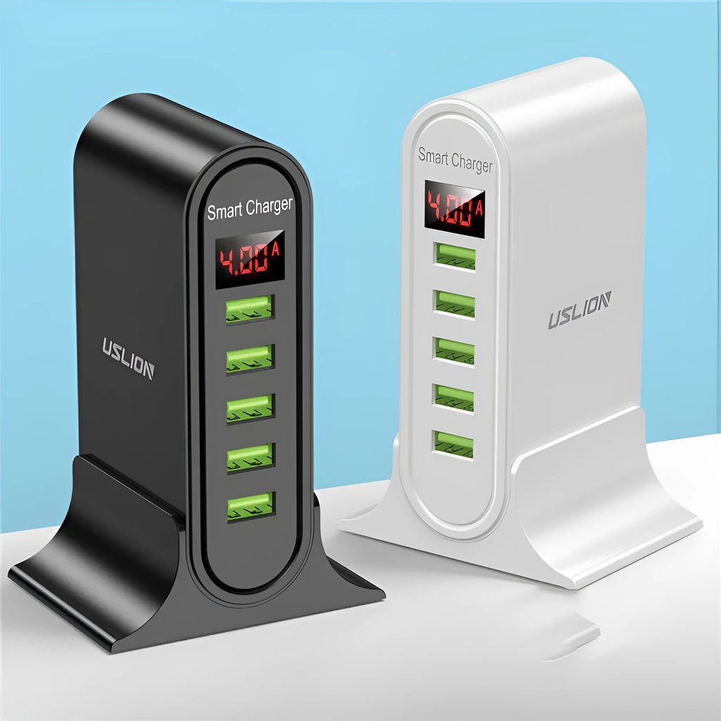 Black and white smart USB wall chargers with LED digital displays and UK plugs