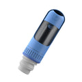 Dark blue portable dog water bottle with built-in bowl and carry handle.