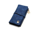 Army green women's long two-fold wallet made of matte PU leather with a drawstring zip, showing internal card slots and compartments.