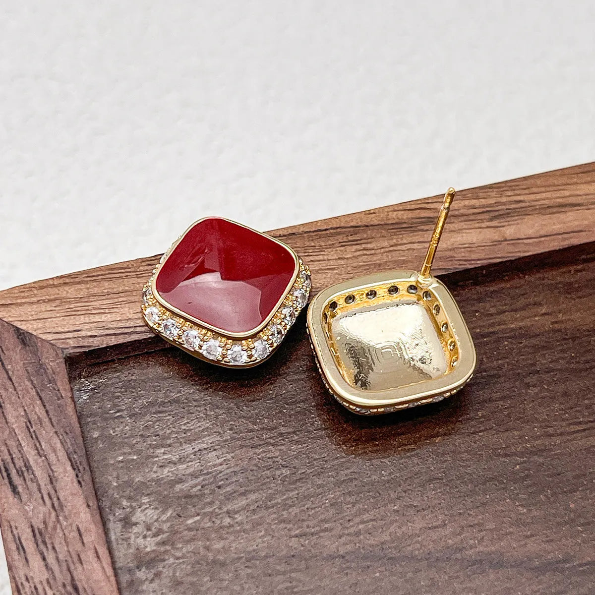 Red alloy earrings with square geometric inlaid design, retro style jewellery for women