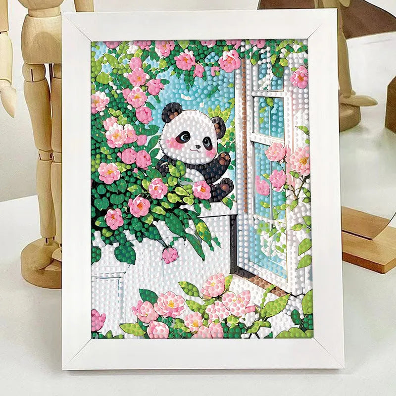 Children's diamond painting kit with cartoon panda on canvas, includes plastic frame and acrylic diamonds