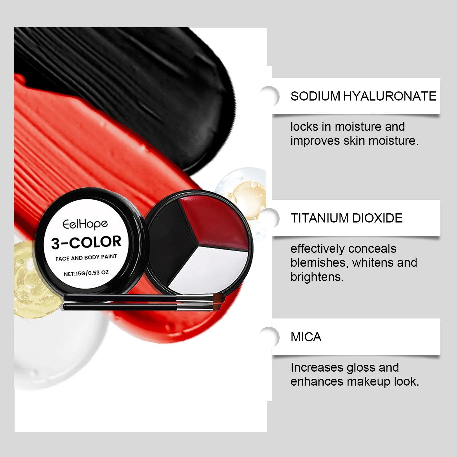 Halloween face painting kit with three colour concealer disc, two brushes, and one sponge on a flat surface