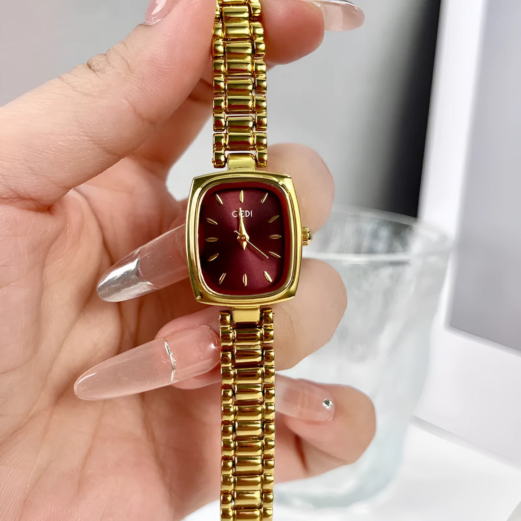Small gold decorative watch with alloy case and strap, 8mm thick, gold face
