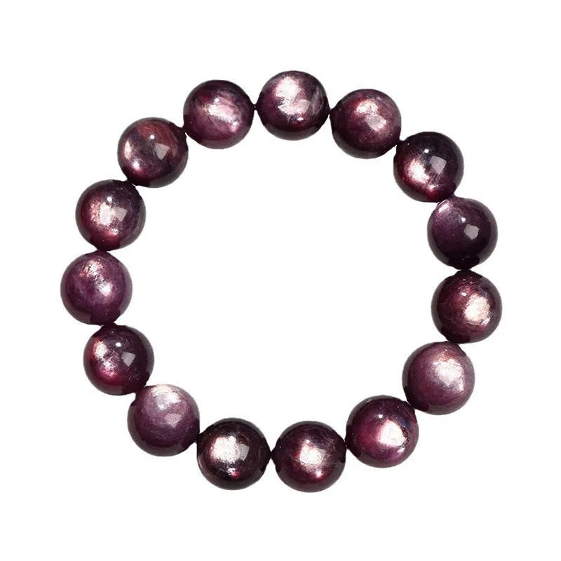 Natural purple lepidolite crystal bracelet with polished round beads on a white background.