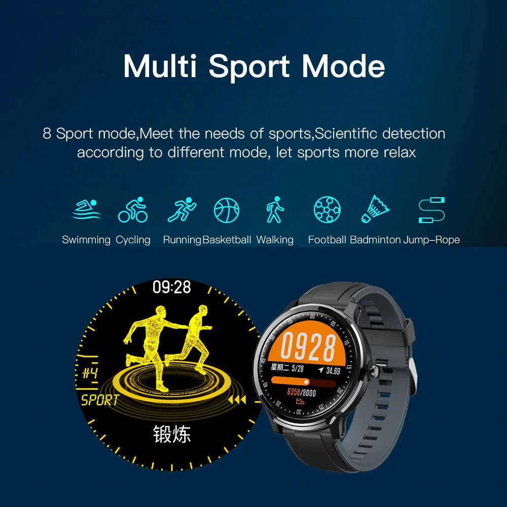 Waterproof smart watch with square 48.5mm case showing touch screen interface and available in green and orange colour options
