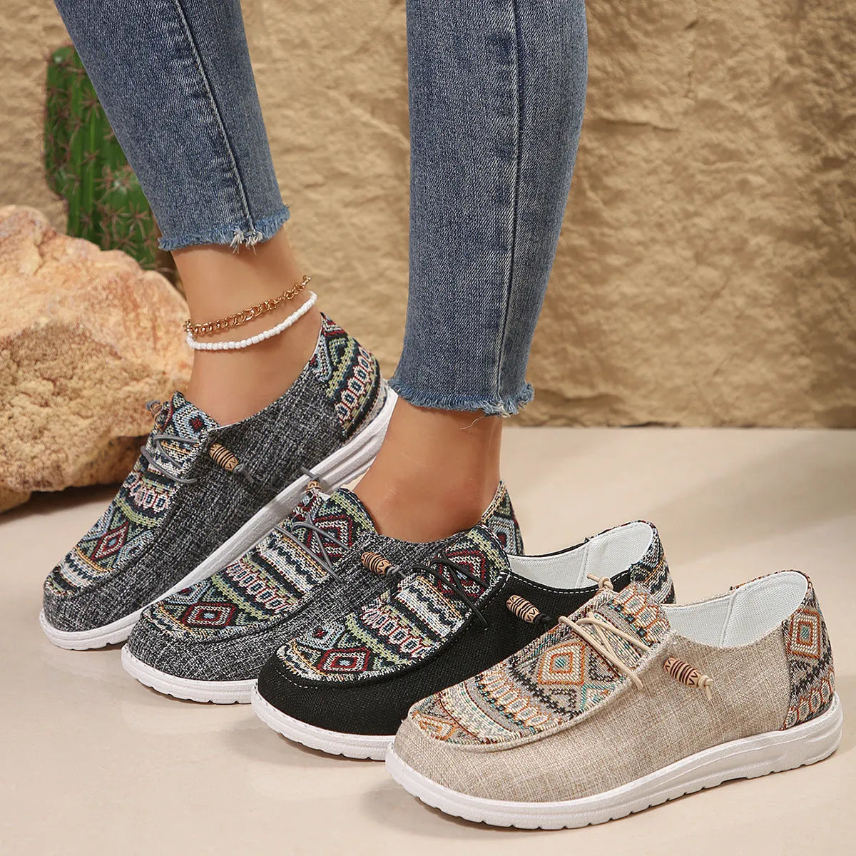 Women's flat round toe low-top shoes in black, dark gray, and khaki colours with artificial PU uppers