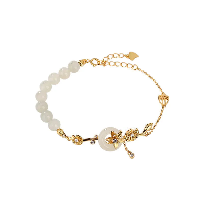Women's 925 silver bracelet with Hetian jade lotus peace buckle in gold finish