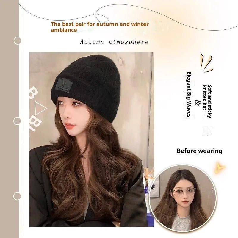 Hat wig for women with big wave full-head curls in protein filament natural style