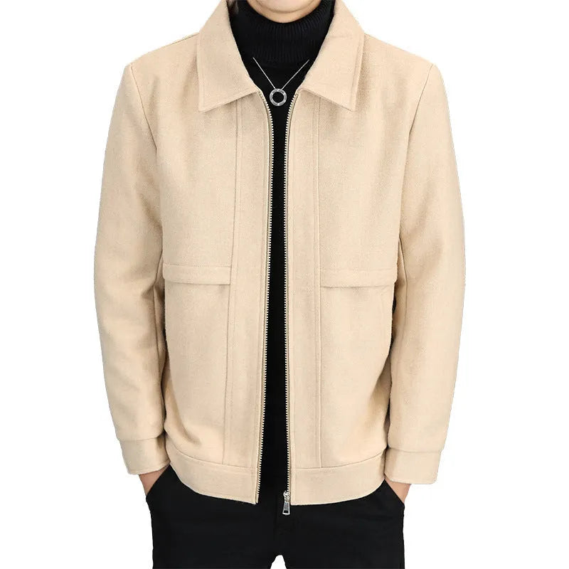 Men's casual polo collar jacket in cotton viscose blend, khaki colour with side seam pockets