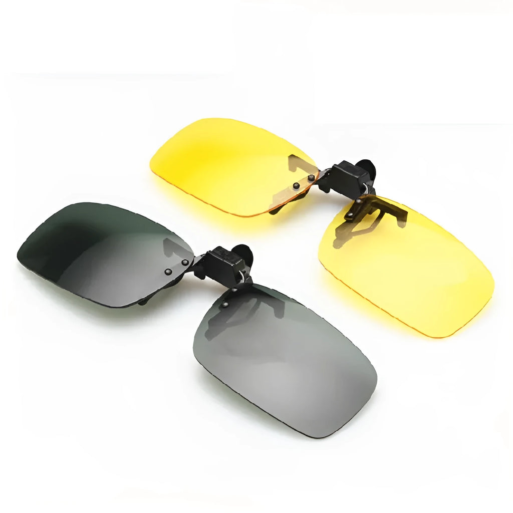 Clip-on myopia sunglasses for driving, showing grey, dark green and night vision tint options on large and small PC lens frames.