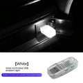 USB car ambience light unit with touch controls for white, blue, ice blue, pink, and RGB voice-control modes.