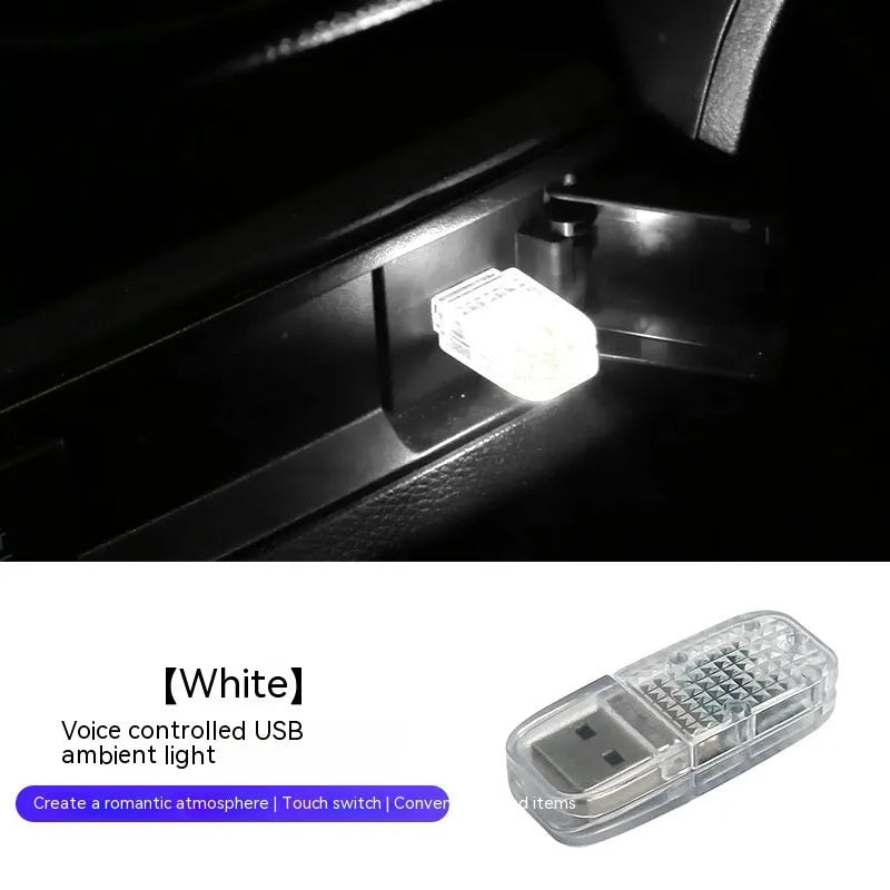 USB car ambience light unit with touch controls for white, blue, ice blue, pink, and RGB voice-control modes.
