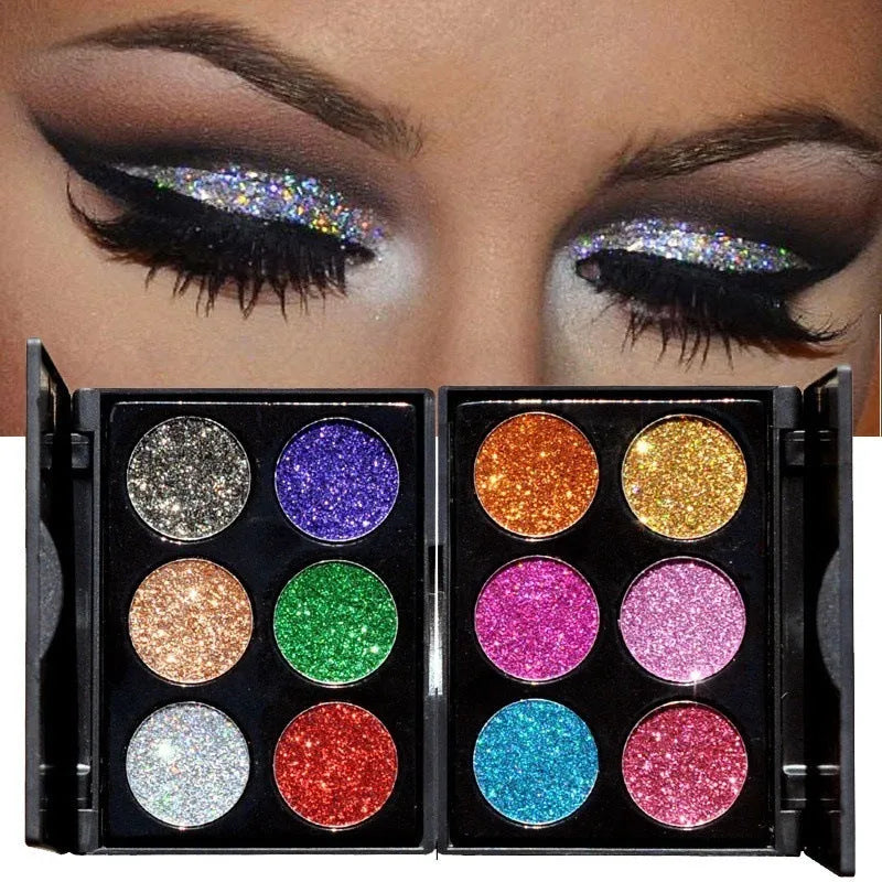 Sequin eye shadow tray with six colours, 10 cm by 7.8 cm by 0.9 cm compact palette