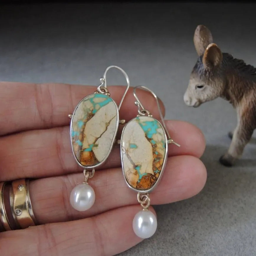 Vintage coloured turquoise and pearl drop pendant earrings on electroplated alloy, 45mm length, colourful pearl finish