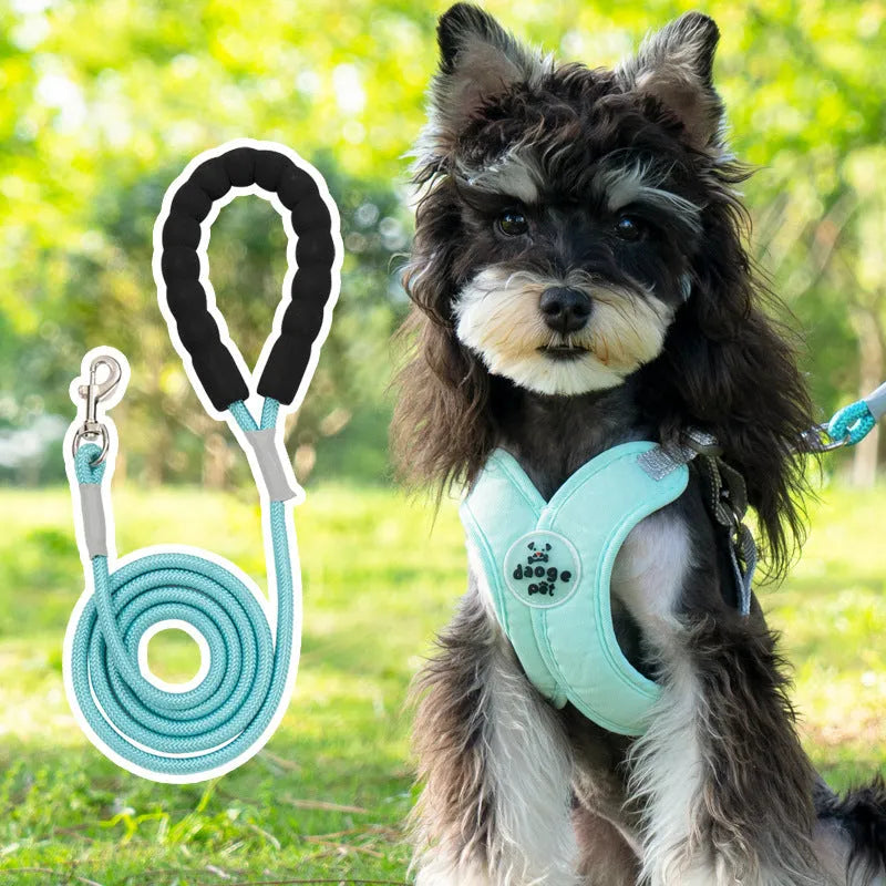 Adjustable polyester dog vest and hand holding rope set in blue, green, pink or yellow colours