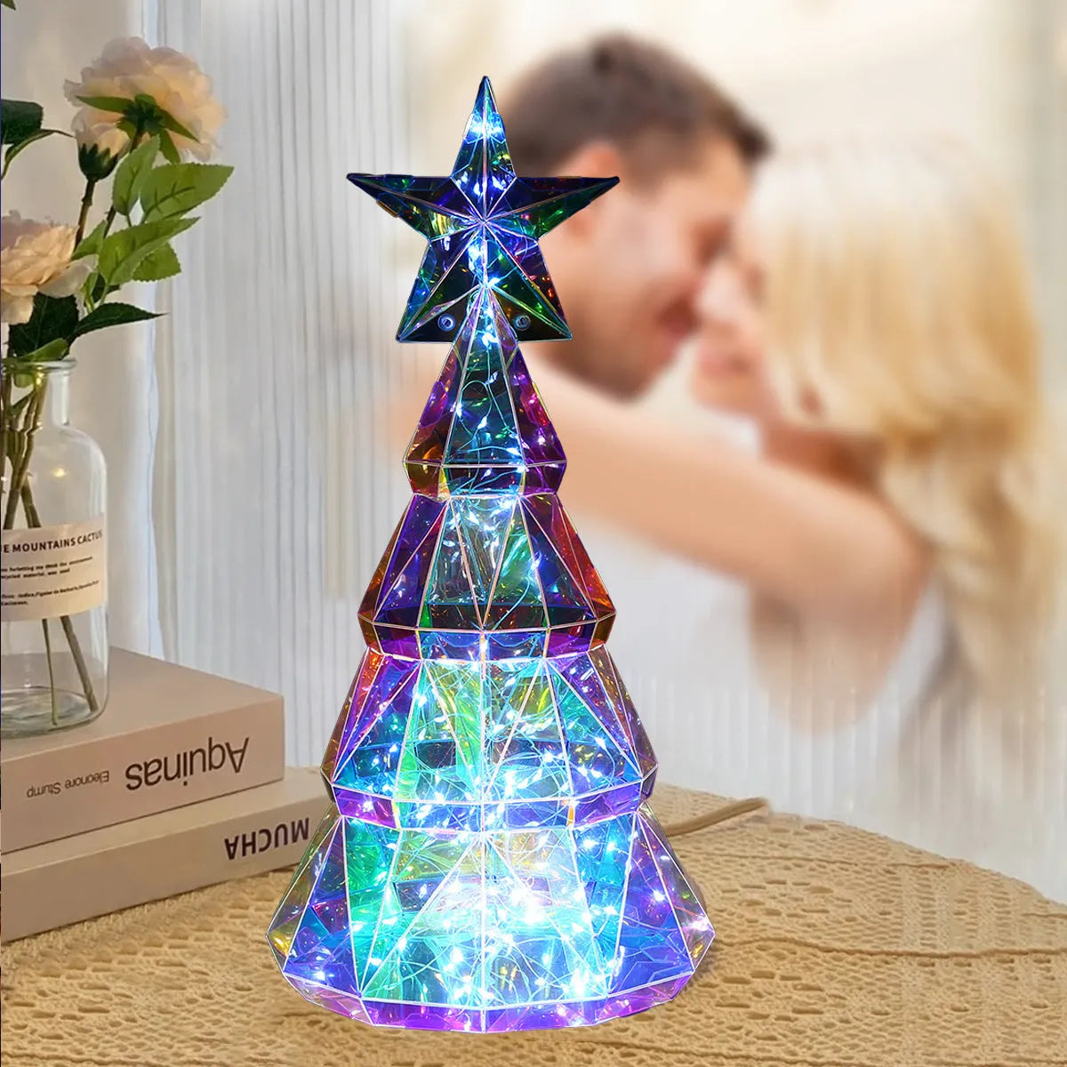 Colourful cartoon-style PET plastic Christmas tree decoration with light, 14.5cm wide by 20cm high.