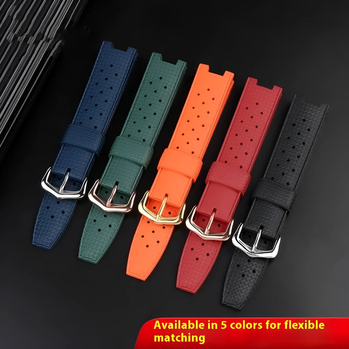 Silicone watch strap with notch and female port in black or blue, sizes 20.10mm, 20.12mm, 22.15mm