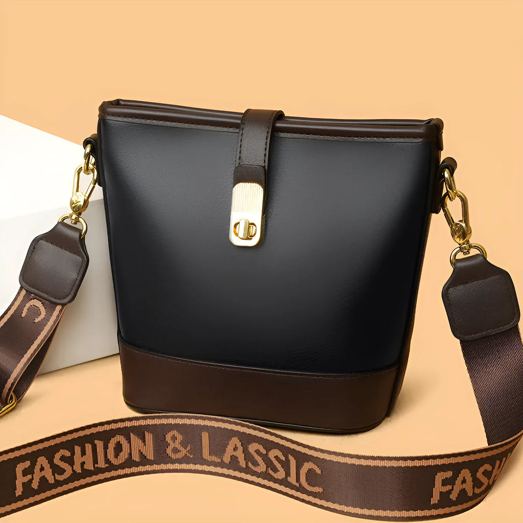Korean-style soft PU bucket bag with dual shoulder straps in black or brown colour